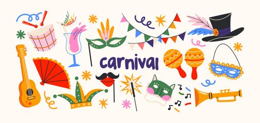 Carnival party elements in retro cartoon style. Celebration props: masks, instruments, drinks, decorations. Illustration in funky, doodle style, trendy sticker set