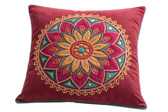 Burgundy Velvet Cushion with Intricate Mandala Embroidery on Transparent Background, AI Generated