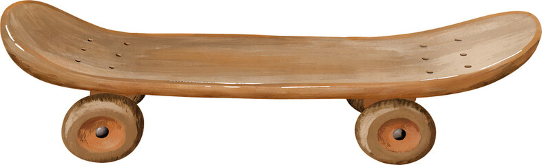 Watercolor illustration of a brown skateboard on transparent background. © beyouenked