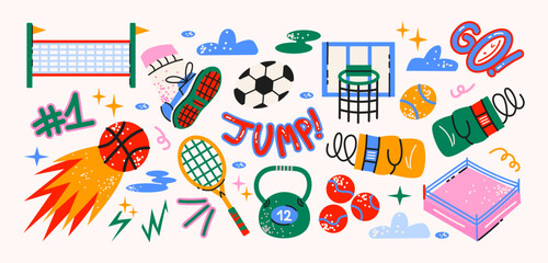 Sport stickers set in retro cartoon style. Training and activity elements: basketball, dumbbell, tennis racket, sneakers. Illustration in funky, doodle style, trendy shapes set © Limpreom