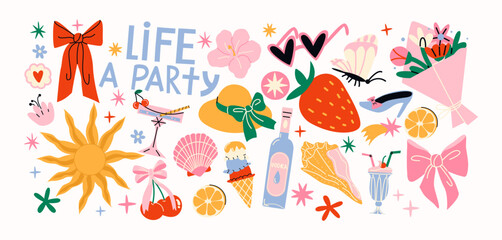 Cartoon summer stickers in retro 90s style. Summer party, vacation, beach season, shore, sun, swimwea, palm. Bright groovy funky summer elements and shapes. Sticker pack of patches, labels, stamps