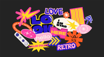 Fototapeta na wymiar Futuristic y2k patches, labels, tags, stickers, bracelet stamps in retro style. Cartoon stickers in funky hipster groovy grunge 90s style. Vector set, trendy promo labels