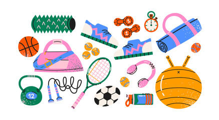 Sport stickers set in retro cartoon style. Training and activity elements: basketball, dumbbell, tennis racket, sneakers. Illustration in funky, doodle style, trendy shapes set © Limpreom