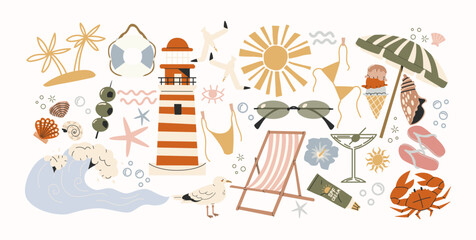 Cartoon summer stickers in retro 90s style. Summer party, vacation, beach season, shore, sun, swimwea, palm. Bright groovy funky summer elements and shapes. Sticker pack of patches, labels, stamps © Limpreom