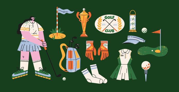 Golf club stickers in retro cartoon style, trophy, flag, field, gloves, golf bag, clothing and accessories, 90s-inspired sport visuals, leisure gear set, illustration in retro cartoon style.