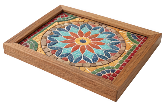 Colorful Floral Mosaic Artwork in Wooden Frame on Transparent Background, AI Generated