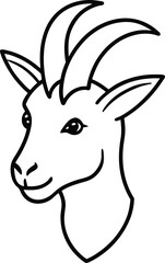 Simple outline illustration of a smiling goat head representing various concepts and themes