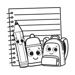 Cute school supplies writing sheet with smiling pencil bottle backpack notebook outline for kids printable

