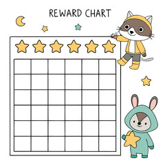Cute reward chart with stars and cartoon animals for kids behavior tracking and daily task motivation

