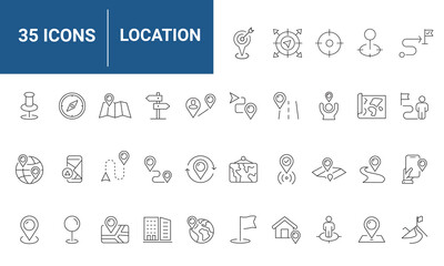 Location Web Icon Set in Line Style. Collection of Map Pin Linear Icons, Including Address, place, location, directions, navigation, map, distance, map marker and More. Editable Stroke.