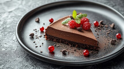 A slice of rich chocolate mousse cake, garnished with raspberries, mint, and chocolate shavings, served on a dark plate