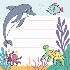 Ocean animal writing paper for kids with dolphin turtle fish octopus and sea plants lined worksheet

