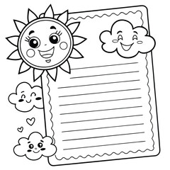 Cute sun and cloud writing paper for kids black and white lined template coloring note page

