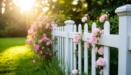 Fototapeta premium White Wooden Fence with Flowers – Soft Garden Background