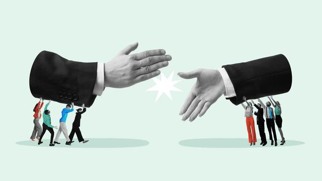 Stop motion, animation. Business people supporting handshake, emphasizing teamwork, negotiation, and collaboration. Metaphor for cooperation, strategic alliances Concept of business and partnership.