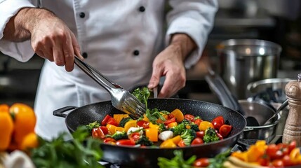 Skilled chef cooking mouthwatering meals in a professional kitchen environment.