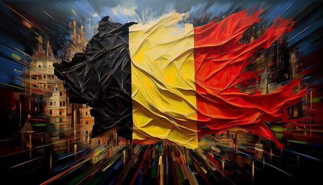 Belgian flag with a backdrop of a cityscape, highlighting the country  national pride, urban landscape. vibrant colors and detailed design emphasize Belgium's cultural and architectural heritage.