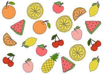 fruit seamless pattern elements in hand-drawn style. Cute magic print for kitchen or wallpaper design