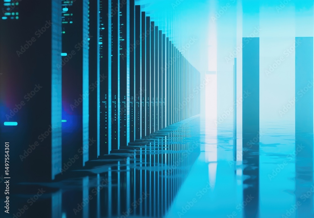 Poster Sleek server room with futuristic blue lighting and mirrored reflections, ideal for cloud computing, modern IT infrastructure, and secure data technology visualizations