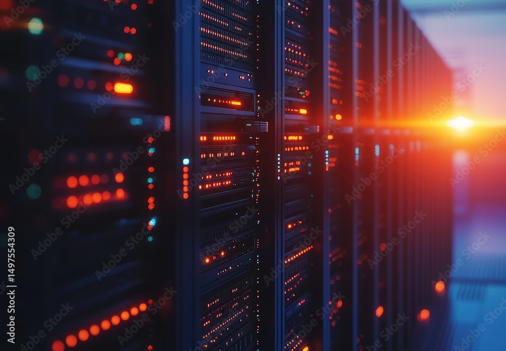Poster advanced server room with glowing red lights and a bright sunburst in the background, ideal for illu