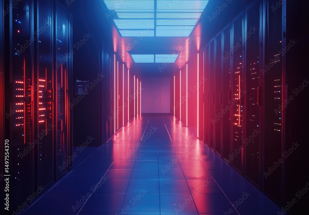 Poster symmetrical data center corridor with glowing red and blue server lights and modern ceiling panels, 