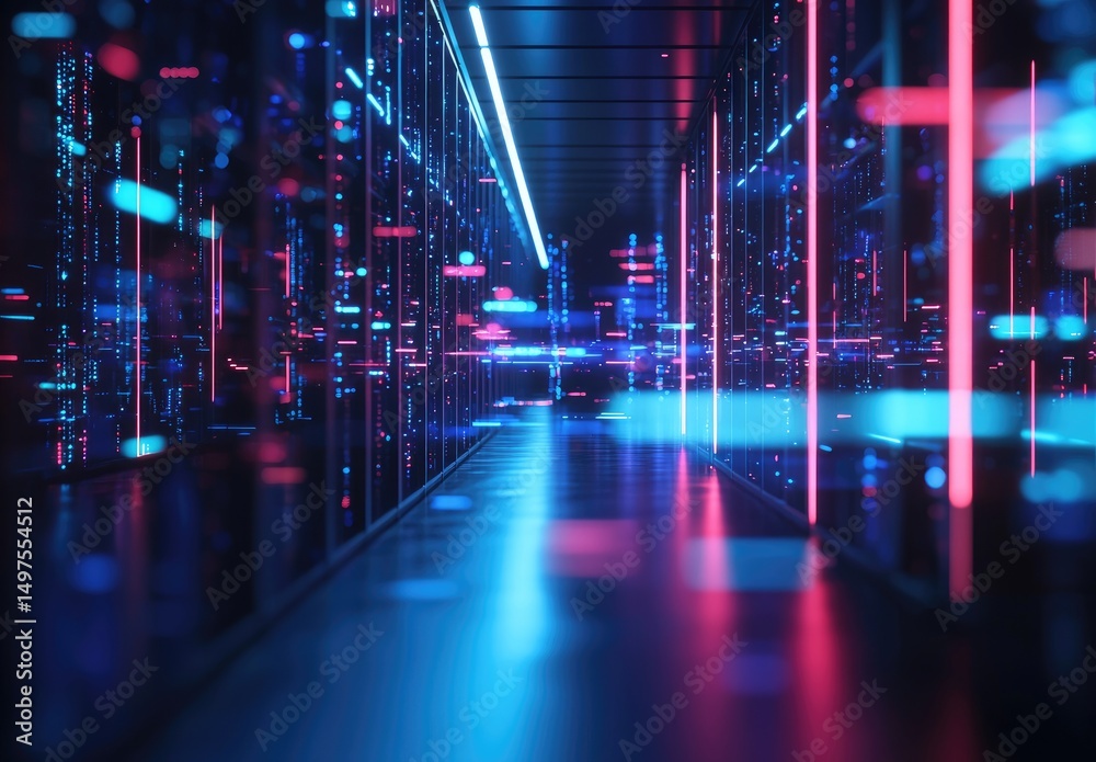 Poster futuristic data center corridor with glowing neon blue and pink lights reflecting on server racks, p