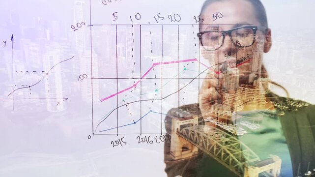Double exposure of a business woman draws various growth charts