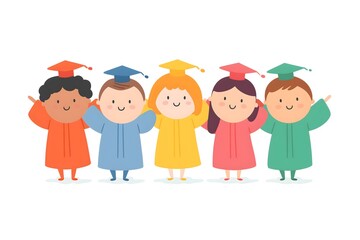 Fototapeta premium Group of cute happy children wearing graduation education caps. Boy, girl celebrate kindergarten or preschool graduation.