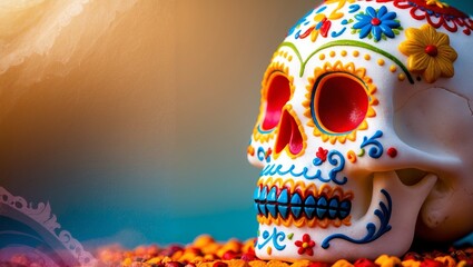 Colorful sugar skull displayed on vibrant altar during Day of the Dead celebration at dusk