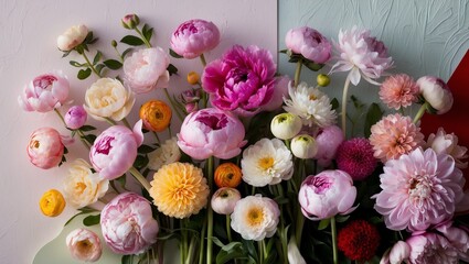 Vibrant spring floral arrangement featuring peonies, ranunculus, and other blossoms on a pastel backdrop
