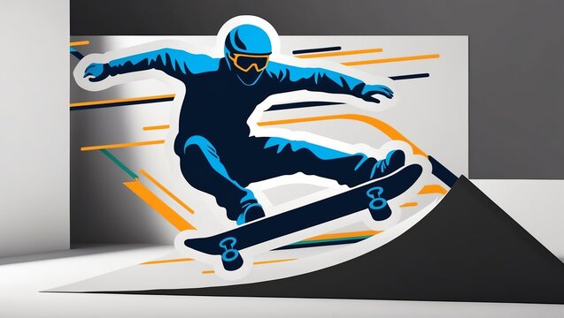 Dynamic skateboarder performing a trick on a half-pipe in a modern urban setting with vibrant colors