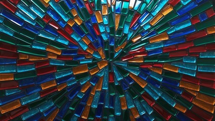 Colorful mosaic design created with vibrant glass pieces arranged in a swirling pattern