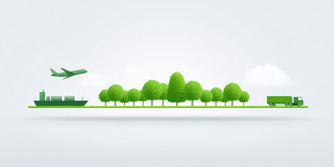 Obraz premium Green transportation concept featuring an airplane, cargo ship, and truck with trees on a white background representing eco-friendly logistics and sustainability