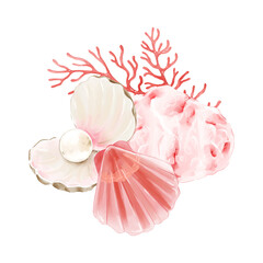 Watercolor isolated clipart with pearl, seashells, pink quartz, coral. Hand-painted illustration for beach invitations, greeting cards, social media
