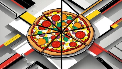 Delicious pepperoni and vegetable pizza on a modern geometric background with vibrant colors and sharp shapes