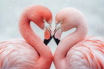 Naklejka premium Two pink flamingos face to face, forming a heart shape in a snowy landscape