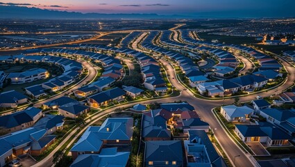 Drone view of suburban grid with curved streets and rooftops at twilight
