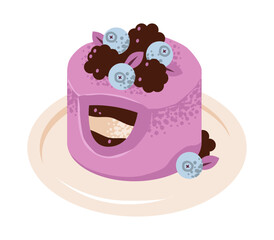 Blueberry cake with icing and crumble in flat vector style. A sweet and festive dessert for bakery, birthday, or holiday themes.