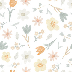 Floral pattern with pastel bloom and botanical drawing. Seamless vintage wallpaper. Perfect for baby, fashion