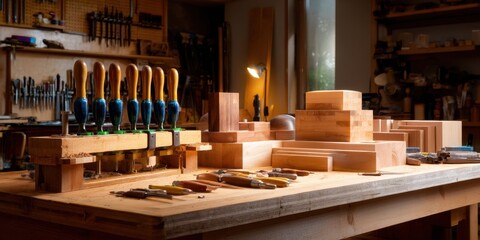 fine woodworking with clamps, chisels, and handmade pieces on workbench