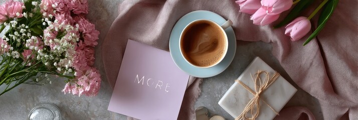 flatlay Mother's Day theme with card, flowers, and coffee