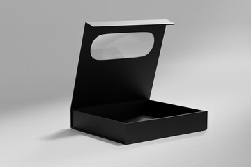 luxury paper box packaging mockup, black gift box with window display, rigid paperboard rectangular packaging, square shape cardboard box with clear pvc window, elegent perfume packaging