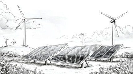 Artistic representation of eco-friendly energy solutions through sketches.