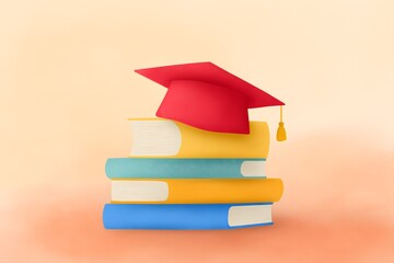 Stack of colorful books with a red graduation cap on top. Education and academic achievement. Knowledge and learning concept for higher education.