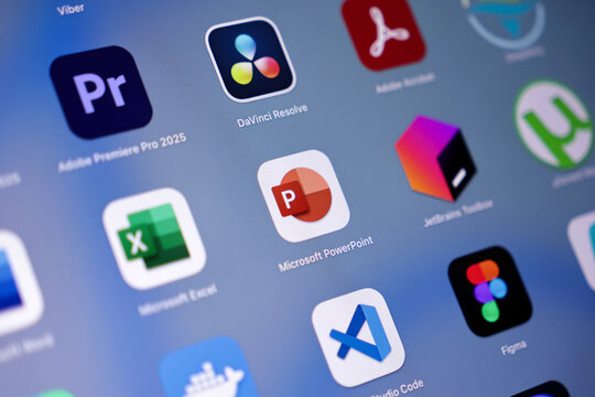 Poznan, Poland - May 15, 2025: Close-up view of a modern tablet or smartphone screen highlighting the Microsoft PowerPoint app icon as a central feature