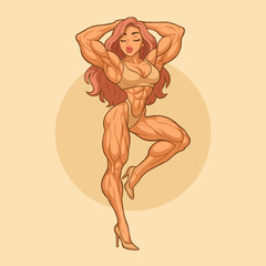 Stylized Illustration of a Muscular Female Bodybuilder Posing