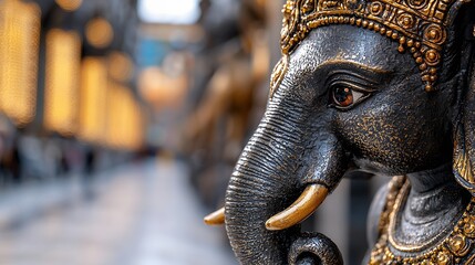 Obraz premium Elephant Statue with Golden Details in Urban Setting
