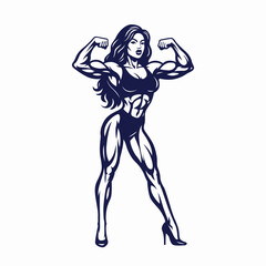 Stylized Illustration of a Muscular Female Bodybuilder Posing