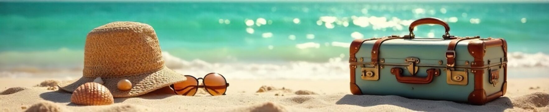 A vintage suitcase overflowing with travel essentials sits on a sun-drenched beach, ready for an impromptu getaway  Seashells, maps, and sunglasses hint at exciting adventures ahead ,  ticket,  beach