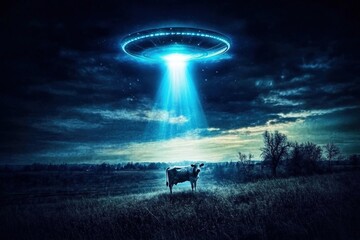 A UFO abducting a cow from a farm, its bright beam illuminating the shocked animal 